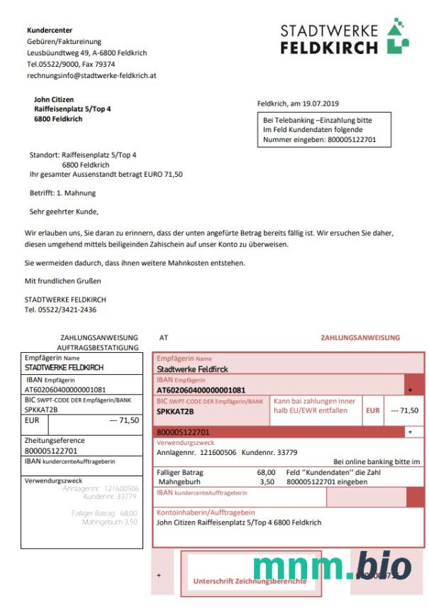 Austria Stadtwerke Feldkirch rachunek za media
